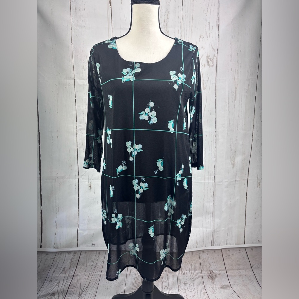Alfani Tunic Meshed Double Layer Black Green Turquoise Floral Check Print Sz M